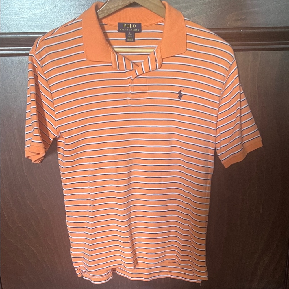 Polo by Ralph Lauren Peachy-Orange with White Navy Striped Polo Shirt